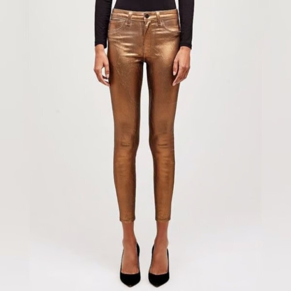 L'AGENCE 'Margot' Coated High-Rise Skinny Jeans, "Pine Bark" Bronze Foil Crackle